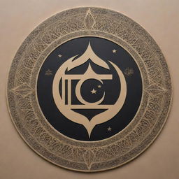 A modern representation of Islamic symbolism, incorporating traditional elements like the crescent moon and star, geometric patterns, and Arabic calligraphy, all presented with a contemporary, minimalist aesthetic