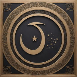 A modern representation of Islamic symbolism, incorporating traditional elements like the crescent moon and star, geometric patterns, and Arabic calligraphy, all presented with a contemporary, minimalist aesthetic