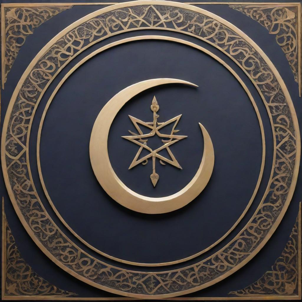 A modern representation of Islamic symbolism, incorporating traditional elements like the crescent moon and star, geometric patterns, and Arabic calligraphy, all presented with a contemporary, minimalist aesthetic