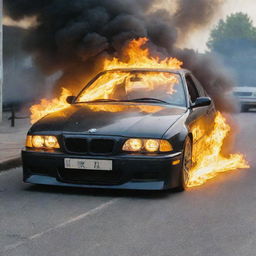 A BMW E36 with yellow headlights and an engine compartment engulfed in flames