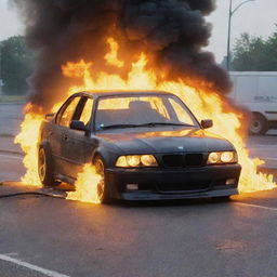 A BMW E36 with yellow headlights and an engine compartment engulfed in flames