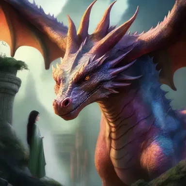 In the mystical realm of the fantasy novel, the ancient dragon queen gazes at humans with disdain, considering them beneath her.