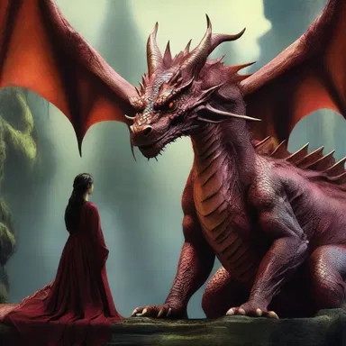 In the mystical realm of the fantasy novel, the ancient dragon queen gazes at humans with disdain, considering them beneath her.
