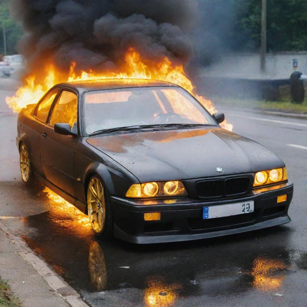 A BMW E36 with yellow headlights and an engine compartment engulfed in flames