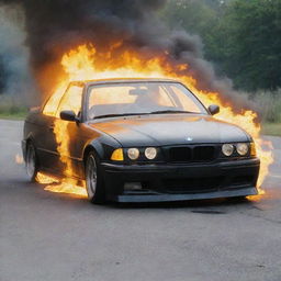 A BMW E36 with yellow headlights and an engine compartment engulfed in flames