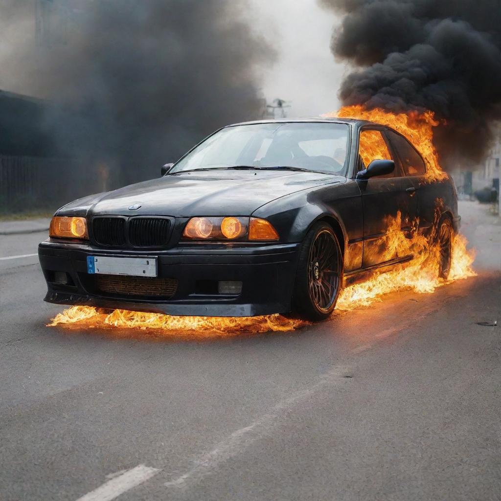 A realistic BMW E36 on fire with intense flames wrapped around the car, without causing harm to its surroundings