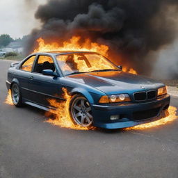 A realistic BMW E36 on fire with intense flames wrapped around the car, without causing harm to its surroundings