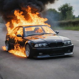 A realistic BMW E36 on fire with intense flames wrapped around the car, without causing harm to its surroundings