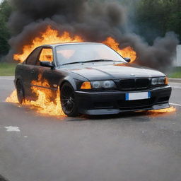 A realistic BMW E36 on fire with intense flames wrapped around the car, without causing harm to its surroundings