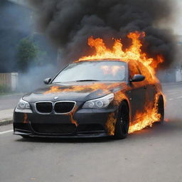 A realistic BMW E60 engulfed in fierce flames, without causing harm to its surroundings