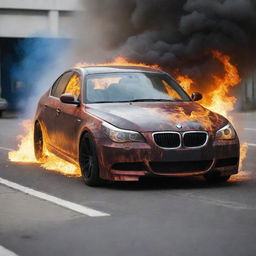 A realistic BMW E60 engulfed in fierce flames, without causing harm to its surroundings