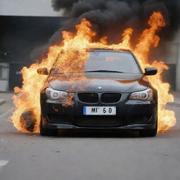 A realistic BMW E60 engulfed in fierce flames, without causing harm to its surroundings