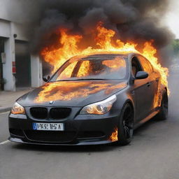 A realistic BMW E60 engulfed in fierce flames, without causing harm to its surroundings