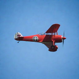 Vintage World War I fighter plane, red in color, soaring through a clear blue sky, piloted by the Red Baron.