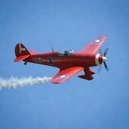 Vintage World War I fighter plane, red in color, soaring through a clear blue sky, piloted by the Red Baron.