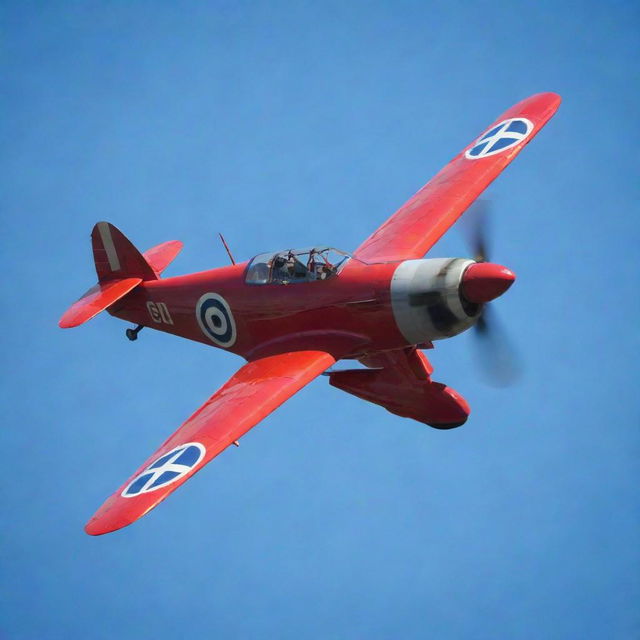 Vintage World War I fighter plane, red in color, soaring through a clear blue sky, piloted by the Red Baron.