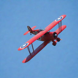 Vintage World War I fighter plane, red in color, soaring through a clear blue sky, piloted by the Red Baron.