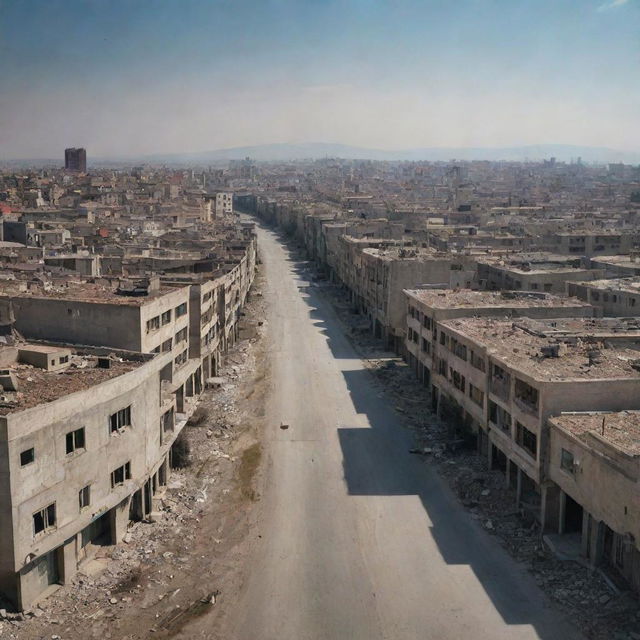 An image of Ankara, Turkey depicting a post-apocalyptic scene, with abandoned buildings and desolate streets, giving the feeling of a city deserted to its fate