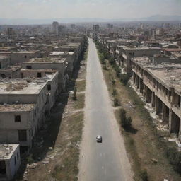 An image of Ankara, Turkey depicting a post-apocalyptic scene, with abandoned buildings and desolate streets, giving the feeling of a city deserted to its fate