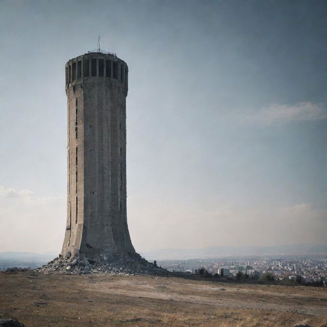 A post-apocalyptic view of the Atakule Tower in Ankara, Turkey, with desolate surroundings and an abandoned atmosphere, as if forsaken by fate.