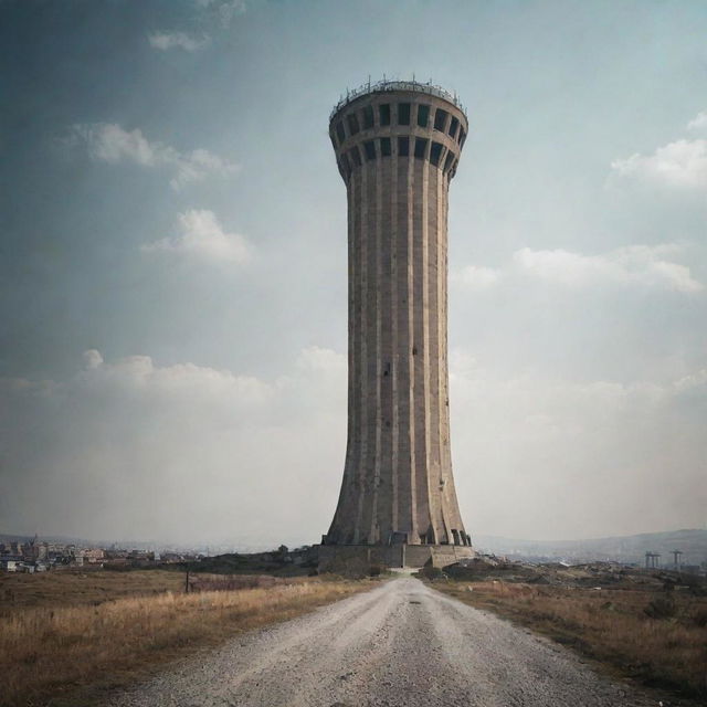 A post-apocalyptic view of the Atakule Tower in Ankara, Turkey, with desolate surroundings and an abandoned atmosphere, as if forsaken by fate.