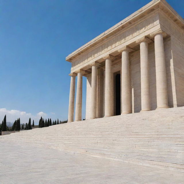 An image of Anitkabir, the mausoleum dedicated to Mustafa Kemal Atatürk in Ankara, Turkey, during a sunny day with clear skies.