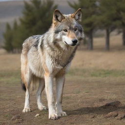 A majestic gray wolf (Bozkurt) in a natural setting, bearing the ancient Turkic script (Orkhon Inscriptions) spelling "Türk" visibly on its fur.