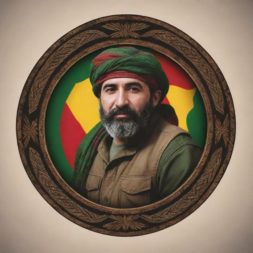 Create an image of a modern emblem representing a Kurdish fighter, combining traditional Kurdish motifs with contemporary design elements.