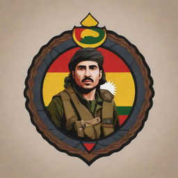 Create an image of a modern emblem representing a Kurdish fighter, combining traditional Kurdish motifs with contemporary design elements.