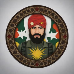 Create an image of a modern emblem representing a Kurdish fighter, combining traditional Kurdish motifs with contemporary design elements.