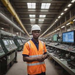 An electrical engineer, soon to be father, working diligently in a bustling power plant, surrounded by impressive machinery.