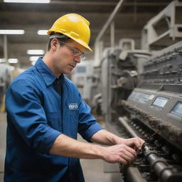 An electrical engineer, soon to be father, working diligently in a bustling power plant, surrounded by impressive machinery.