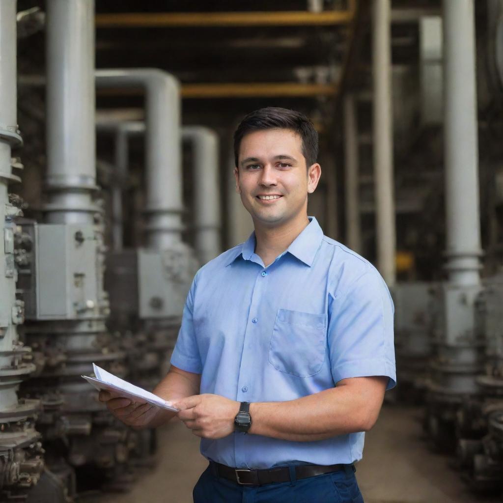 An electrical engineer, soon to be father, working diligently in a bustling power plant, surrounded by impressive machinery.