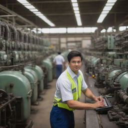 An electrical engineer, soon to be father, working diligently in a bustling power plant, surrounded by impressive machinery.