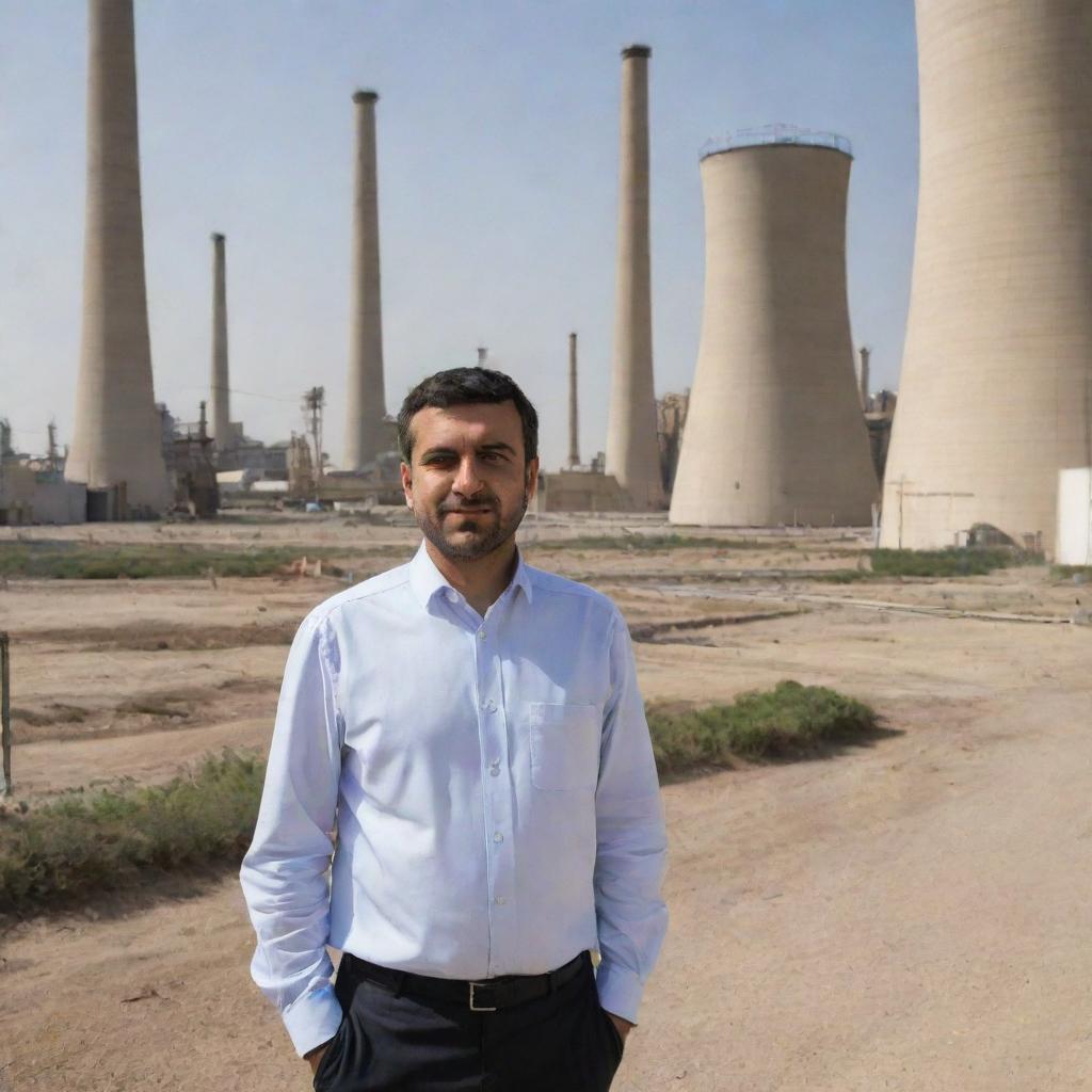 An electrical engineer standing in the middle of a bustling power plant, with the background depicting the distinctive architecture and landscape of Iran.