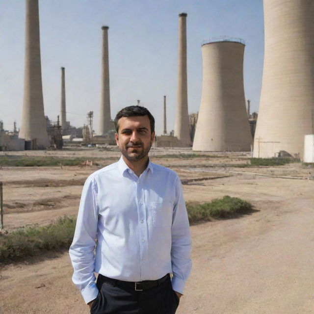 An electrical engineer standing in the middle of a bustling power plant, with the background depicting the distinctive architecture and landscape of Iran.