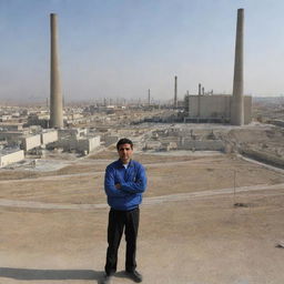 An electrical engineer standing in the middle of a bustling power plant, with the background depicting the distinctive architecture and landscape of Iran.