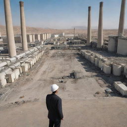 An electrical engineer standing in the middle of a bustling power plant, with the background depicting the distinctive architecture and landscape of Iran.