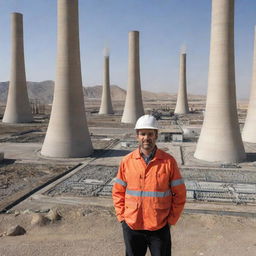 An electrical engineer standing in the middle of a bustling power plant, with the background depicting the distinctive architecture and landscape of Iran.