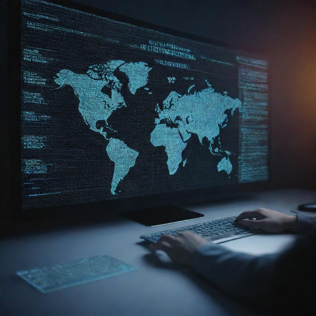 Generate an image depicting modern cyber security concepts. Include elements like futuristic digital screens, complex codes, secure networks, and glowing firewalls.