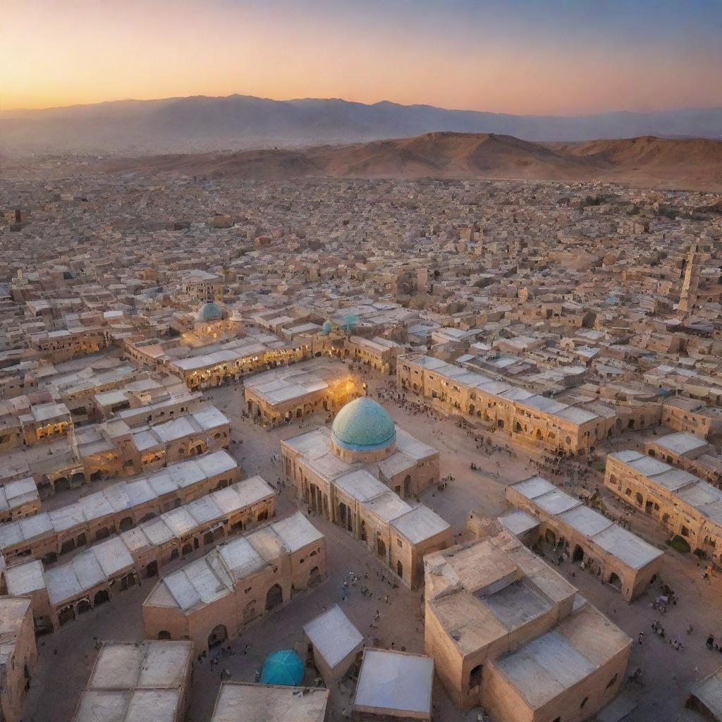 A panoramic view of Zanjan city in Iran, showcasing its distinctive architecture, bustling bazaars, and mountainous backdrop during sunset