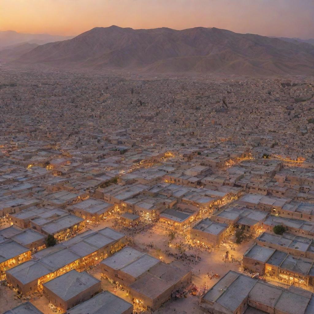 A panoramic view of Zanjan city in Iran, showcasing its distinctive architecture, bustling bazaars, and mountainous backdrop during sunset