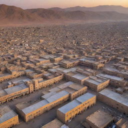 A panoramic view of Zanjan city in Iran, showcasing its distinctive architecture, bustling bazaars, and mountainous backdrop during sunset