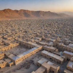 A panoramic view of Zanjan city in Iran, showcasing its distinctive architecture, bustling bazaars, and mountainous backdrop during sunset