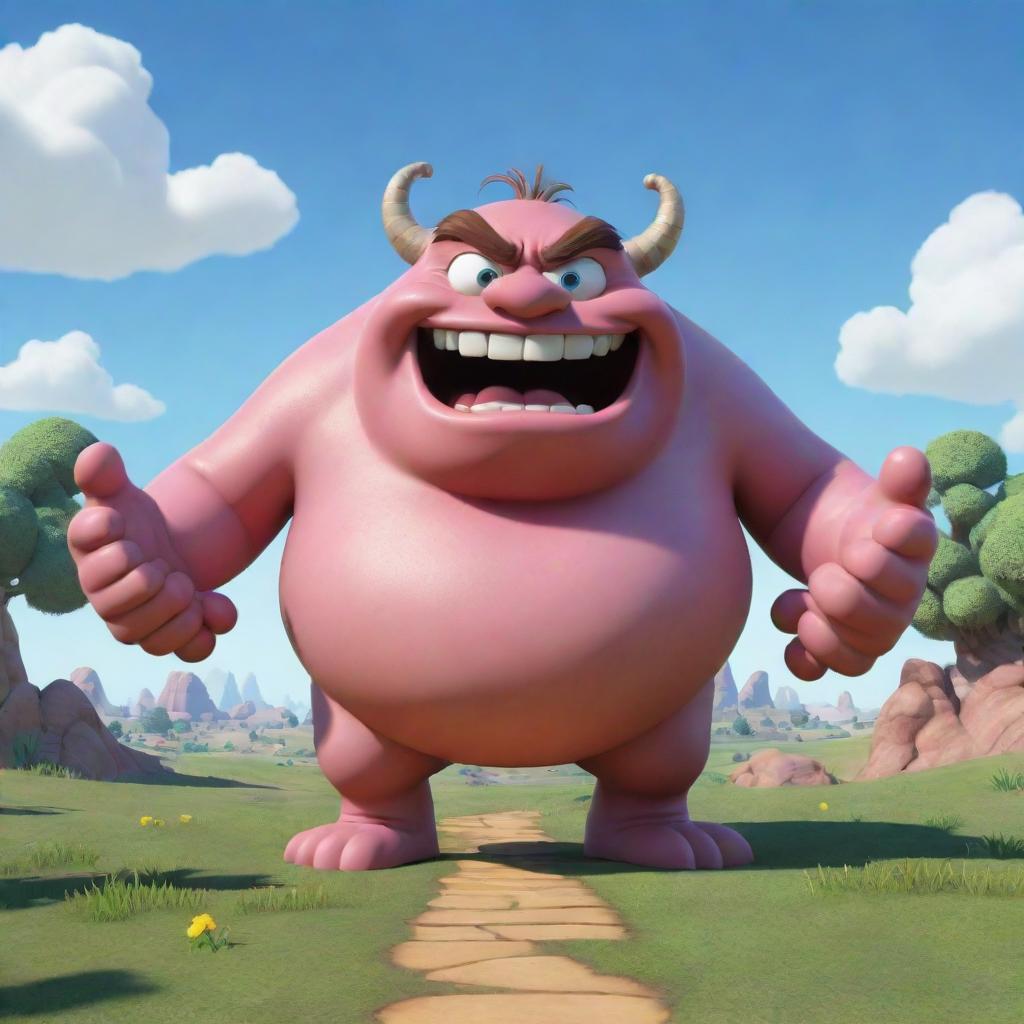 Generate an image of an oversized, humorous-looking video game boss in a whimsical, cartoonish landscape. The boss is evidently easy to defeat, with obvious weak points.