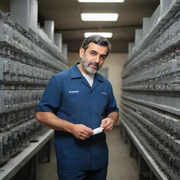 An Iranian electrical engineer working in a power plant in Germany. He is in the middle of the plant, surrounded by meticulous machinery. He's deeply engaged in his work, surrounded by blueprints and tools.