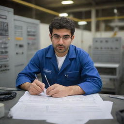 An Iranian electrical engineer working in a power plant in Germany. He is in the middle of the plant, surrounded by meticulous machinery. He's deeply engaged in his work, surrounded by blueprints and tools.