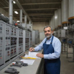 An Iranian electrical engineer working in a power plant in Germany. He is in the middle of the plant, surrounded by meticulous machinery. He's deeply engaged in his work, surrounded by blueprints and tools.