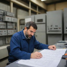 An Iranian electrical engineer working in a power plant in Germany. He is in the middle of the plant, surrounded by meticulous machinery. He's deeply engaged in his work, surrounded by blueprints and tools.