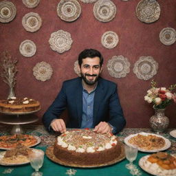 An Iranian man celebrating his 29th birthday party with friends and family, surrounded by traditional Iranian decor, food, and music.